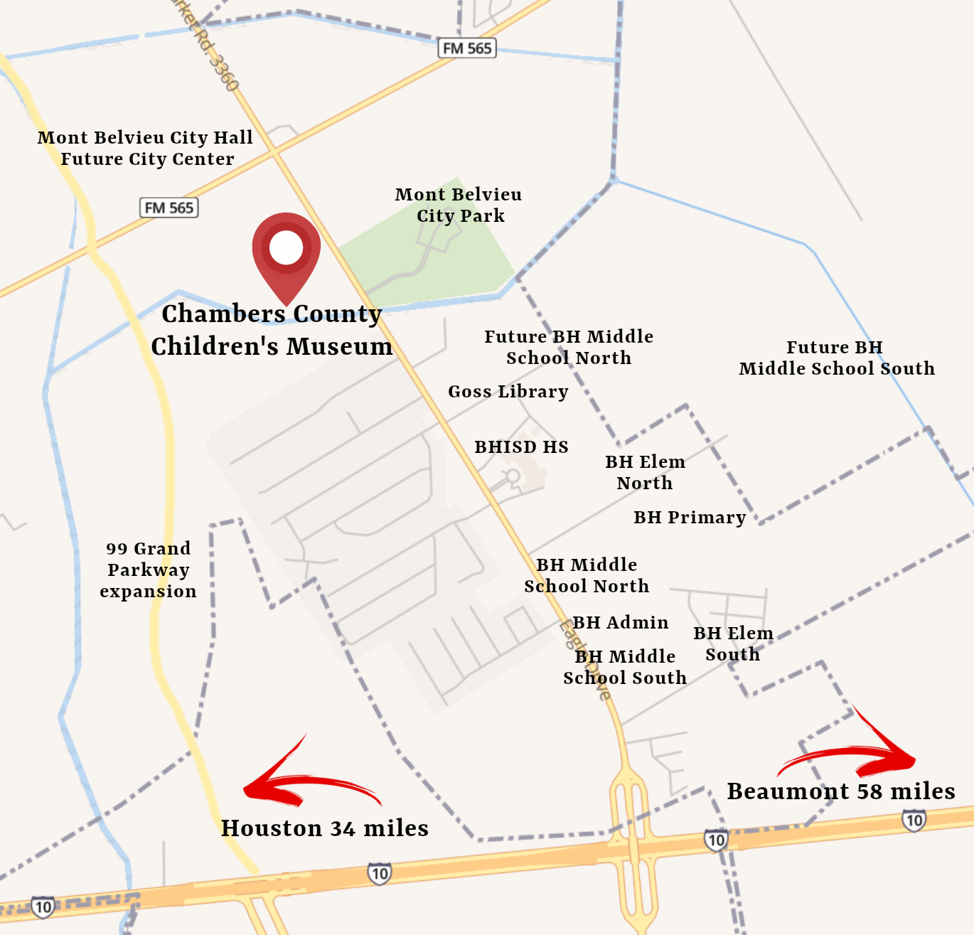 Map of Mont Belvieu and the pinned location of the Chambers County Children's Museum. 